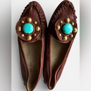 Vintage Miu Miu Rich Brown Moccasins with Round Turquoise color bead 37